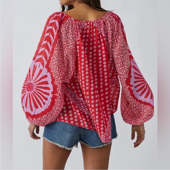 Free People Tops - Free People Elena Red/Pink Cotton Floral Print Breezy Boho Long Sleeve S Small